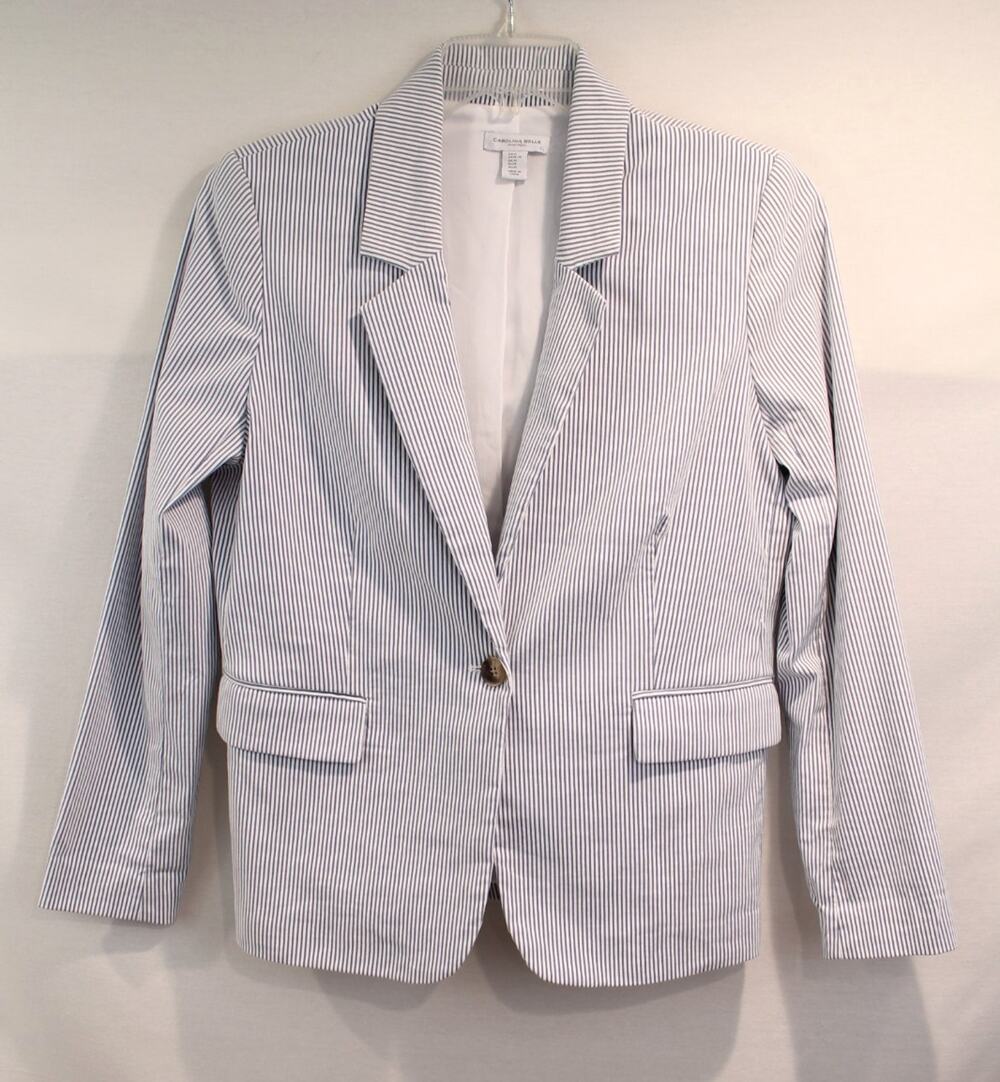 Carolina Belle Seersucker Blazer Womens size M Blue White Striped Single Breast